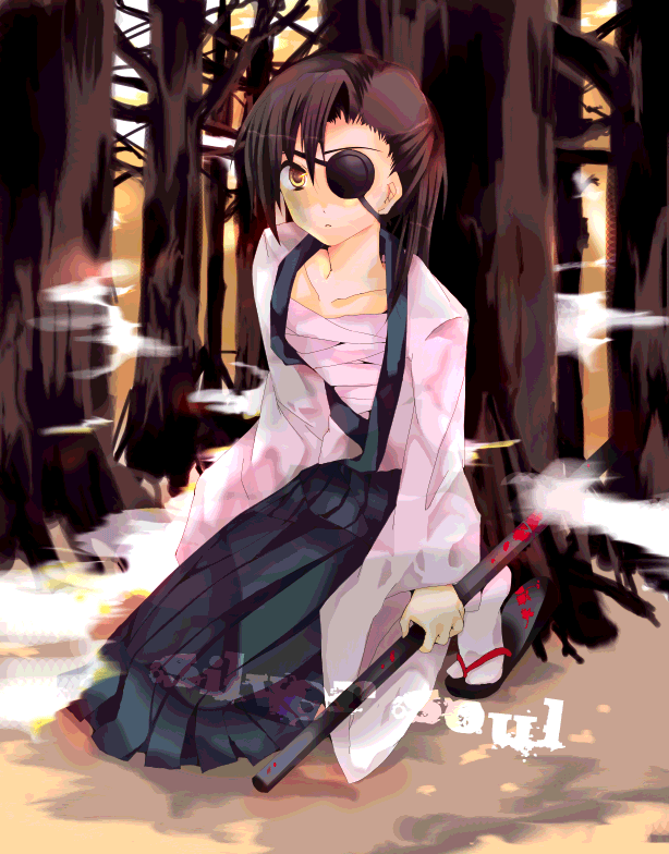 ise (velvet088), yagyuu kyuubei, gintama, 00s, 1girl, blue hakama, eyepatch, female focus, hakama, hakama skirt, haori, japanese clothes, samurai, sarashi, skirt, solo