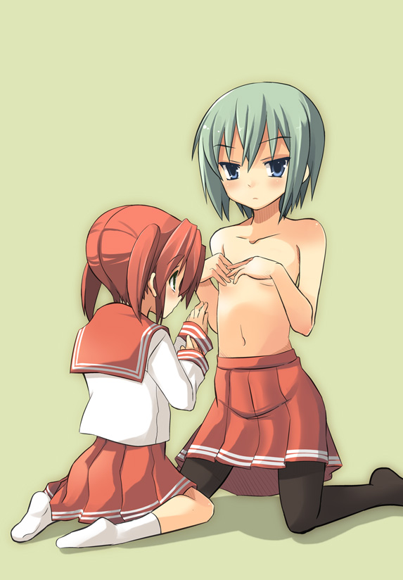 yuuji overall, iwasaki minami, kobayakawa yutaka, lucky star, 00s, 2girls, flat chest, multiple girls, pantyhose, school uniform, serafuku, topless female, yuri