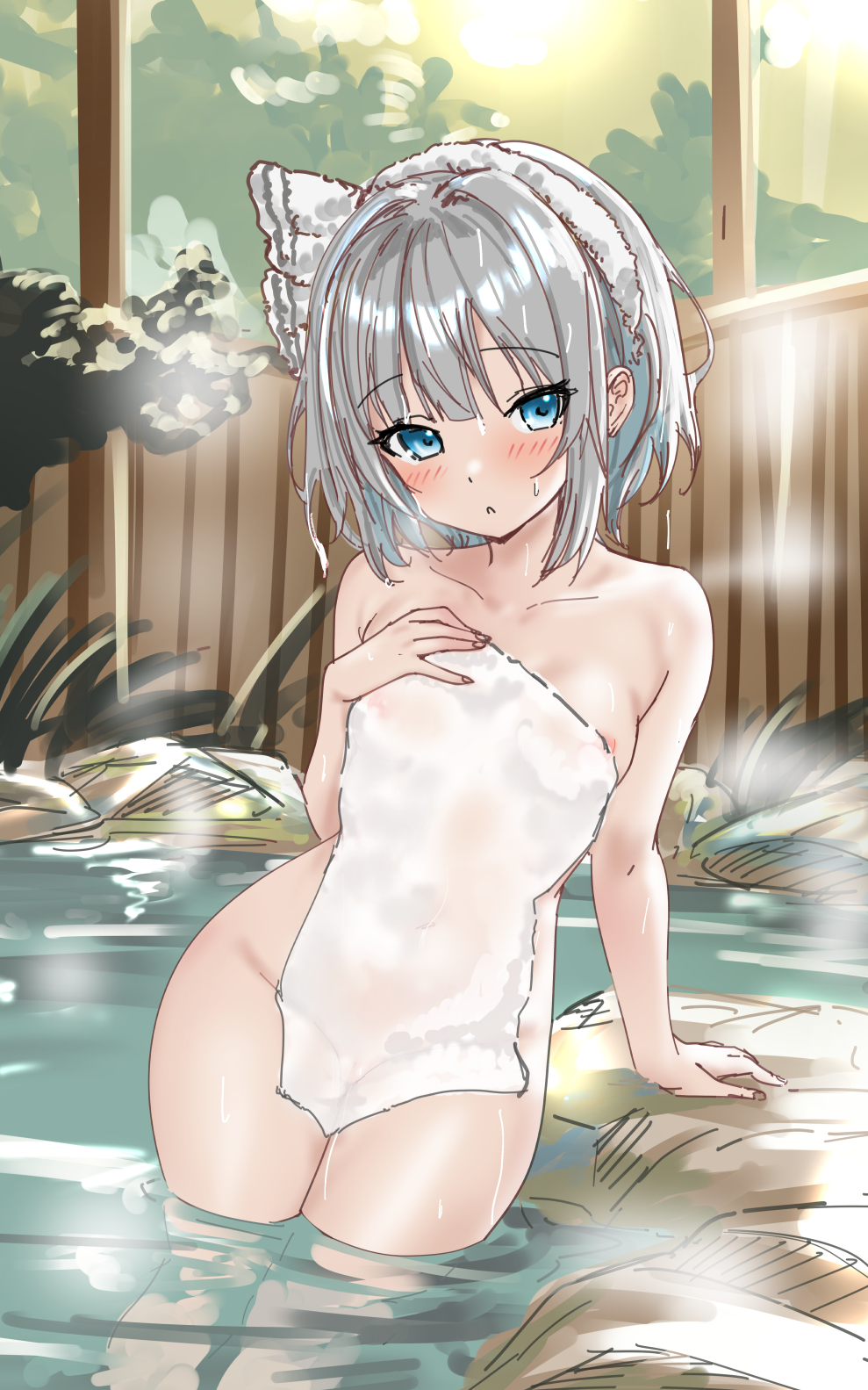 soara shimomo, konpaku youmu, touhou, commentary request, highres, 1girl, arm support, blue eyes, blush, breasts, covering privates, grey hair, hand on own chest, looking at viewer, nipple slip, nipples, nude cover, onsen, outdoors, refraction, short hair, small breasts, solo, steam, towel, wading, wet, wooden wall
