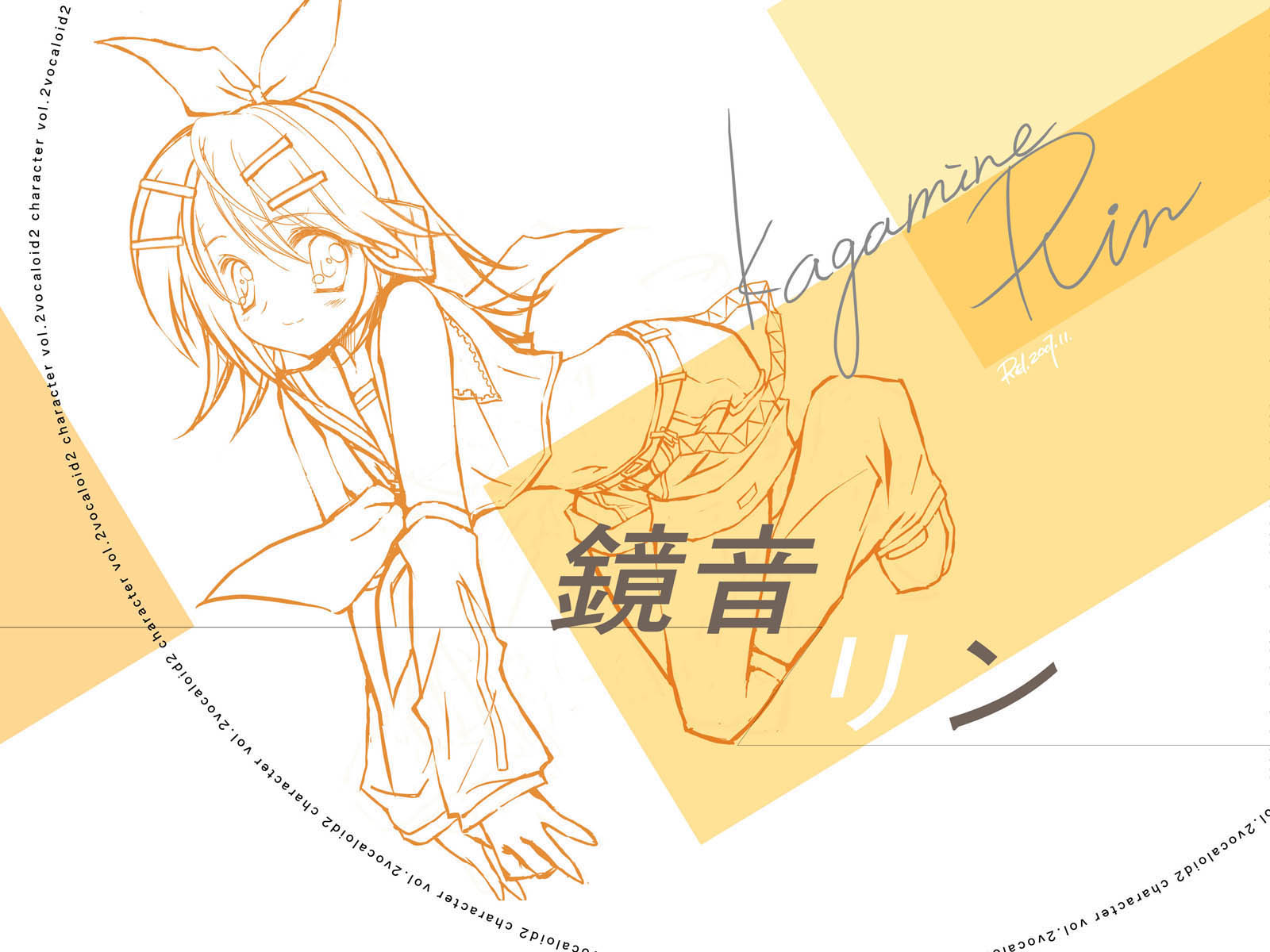 rei (artist), rei (rei's room), shudou rima, kagamine rin, vocaloid, highres, 1girl, belt, blush, character name, dated, detached sleeves, female focus, hair ornament, hair ribbon, hairclip, lineart, looking at viewer, monochrome, navel, orange theme, ribbon, shoes, short hair, shorts, signature, smile, solo, yellow theme