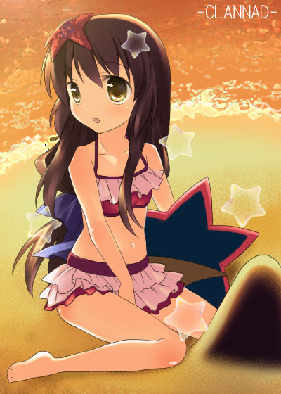 jimeko, ibuki fuuko, clannad, 00s, 1girl, barefoot, bikini, brown hair, copyright name, feet, female focus, long hair, low-tied long hair, red bikini, solo, starfish, swimsuit, toes