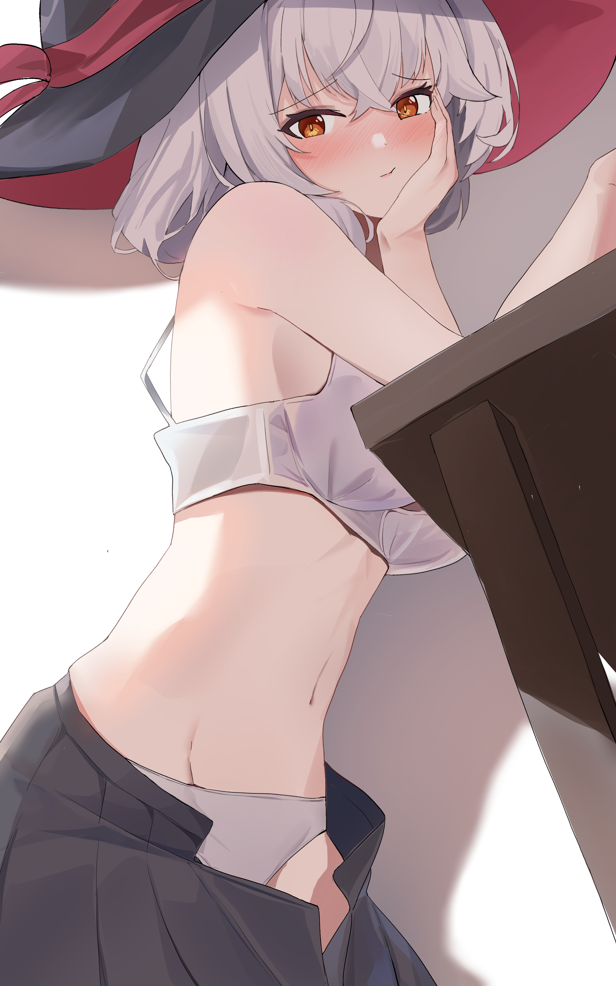 nonoka7221, eri (blue archive), blue archive, absurdres, commentary, highres, 1girl, arm on table, bare shoulders, black hat, black skirt, blush, bra, breasts, closed mouth, crossed bangs, elbow rest, from below, from side, groin, hair between eyes, hand on own cheek, hand on own face, hat, hat ribbon, large breasts, light particles, long hair, looking at viewer, navel, open clothes, open skirt, orange eyes, panties, pleated skirt, red ribbon, ribbon, skirt, solo, stomach, table, turning head, two-sided fabric, two-sided headwear, underwear, white background, white bra, white hair, white panties, witch hat, wooden table