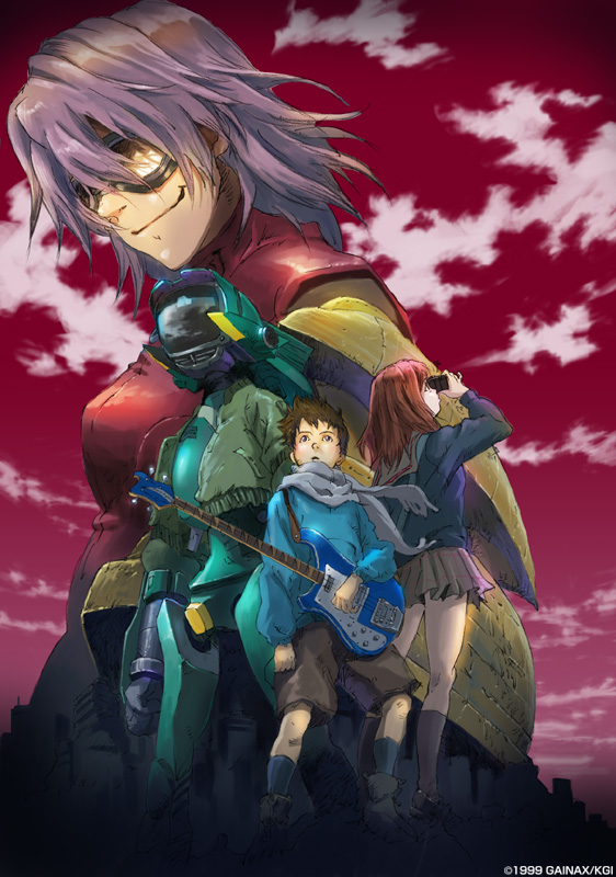 canti, haruhara haruko, nandaba naota, samejima mamimi, flcl, 00s, 1boy, 2girls, bass guitar, brown hair, camera, cloud, gainaxtop, goggles, guitar, hood, hoodie, instrument, jacket, kneehighs, miniskirt, multiple girls, outdoors, pink hair, red hair, rickenbacker, rickenbacker 4001, scarf, school uniform, serafuku, shorts, skirt, sky, smile, socks, standing