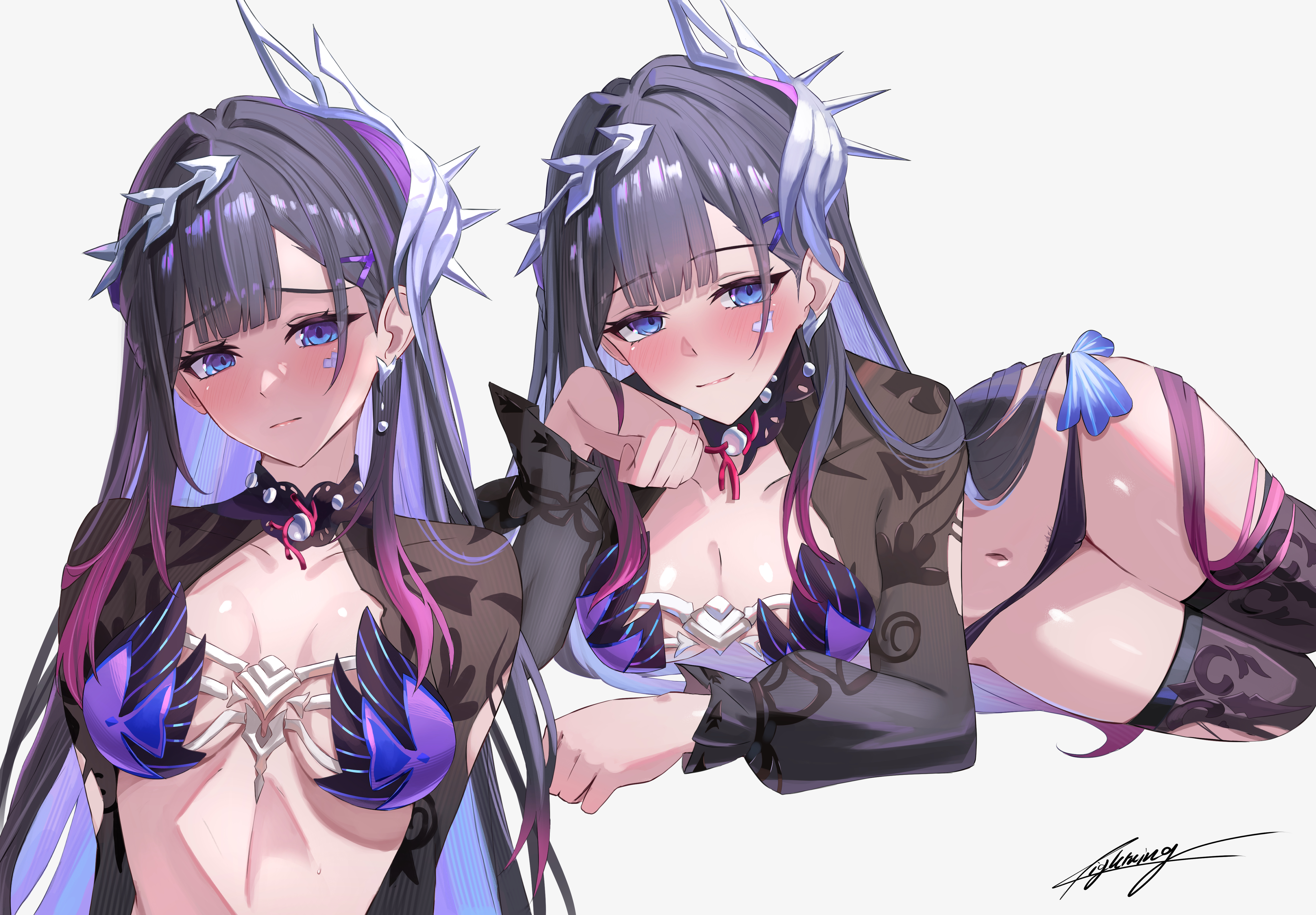 miya-chan (lightning0730), hysilens (honkai: star rail), honkai: star rail, honkai (series), absurdres, commentary request, highres, paid reward available, 1girl, bikini, black bikini, black hair, black thighhighs, blue eyes, blue hair, breasts, colored inner hair, grey background, hair ornament, large breasts, long hair, looking at viewer, lying, multicolored hair, multiple views, navel, on side, shrug (clothing), simple background, smile, stomach, swimsuit, thighhighs, thighs, two-tone hair, very long hair