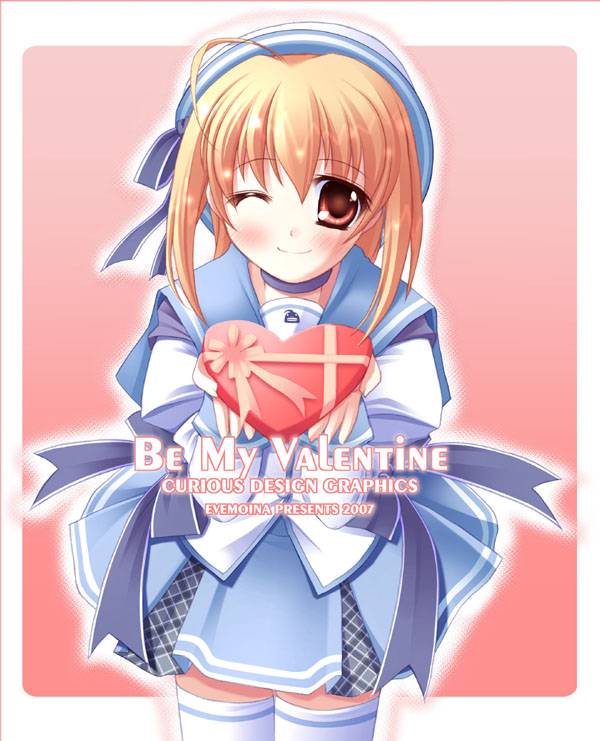 evemoina, chocolate, hat, one eye closed, school uniform, serafuku, solo, thighhighs, valentine, wink