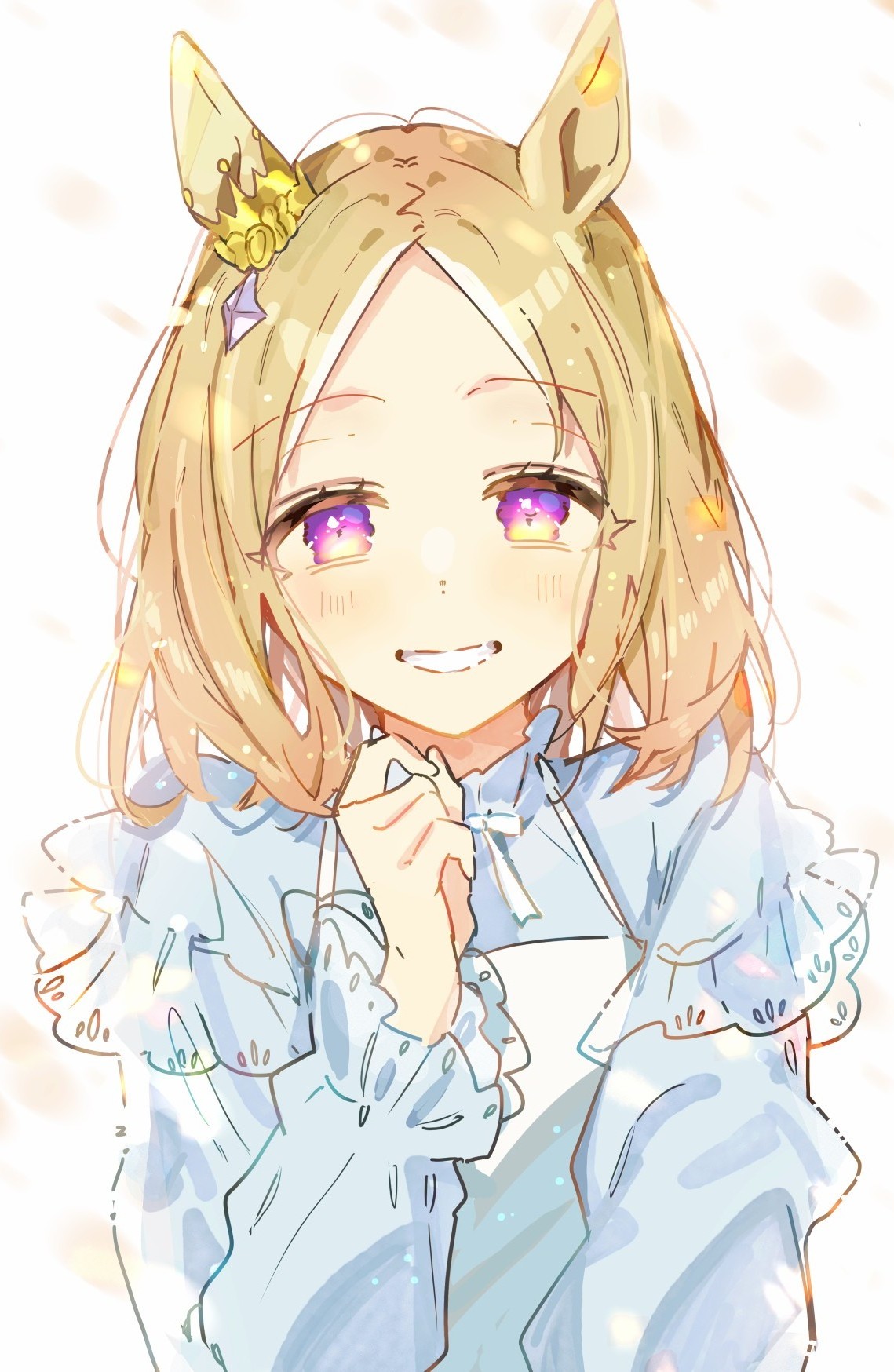 ueruko, narita top road (umamusume), umamusume, highres, 1girl, animal ears, blonde hair, dress, ear covers, frills, horse ears, horse girl, multicolored eyes, purple eyes, short hair, single ear cover, smile, solo, two-tone eyes, white dress