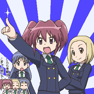 awa, asou natsumi, kajiwara sora, torikai hazuki, sketchbook full colors, silver hair, lowres, 00s, 3girls, :d, :o, blonde hair, blue eyes, blue hair, brown eyes, jaggy lines, long hair, long sleeves, looking at viewer, multiple girls, oekaki, open mouth, pink eyes, pink hair, pointing, pointing up, red eyes, red hair, short hair, smile, twintails, two-tone background