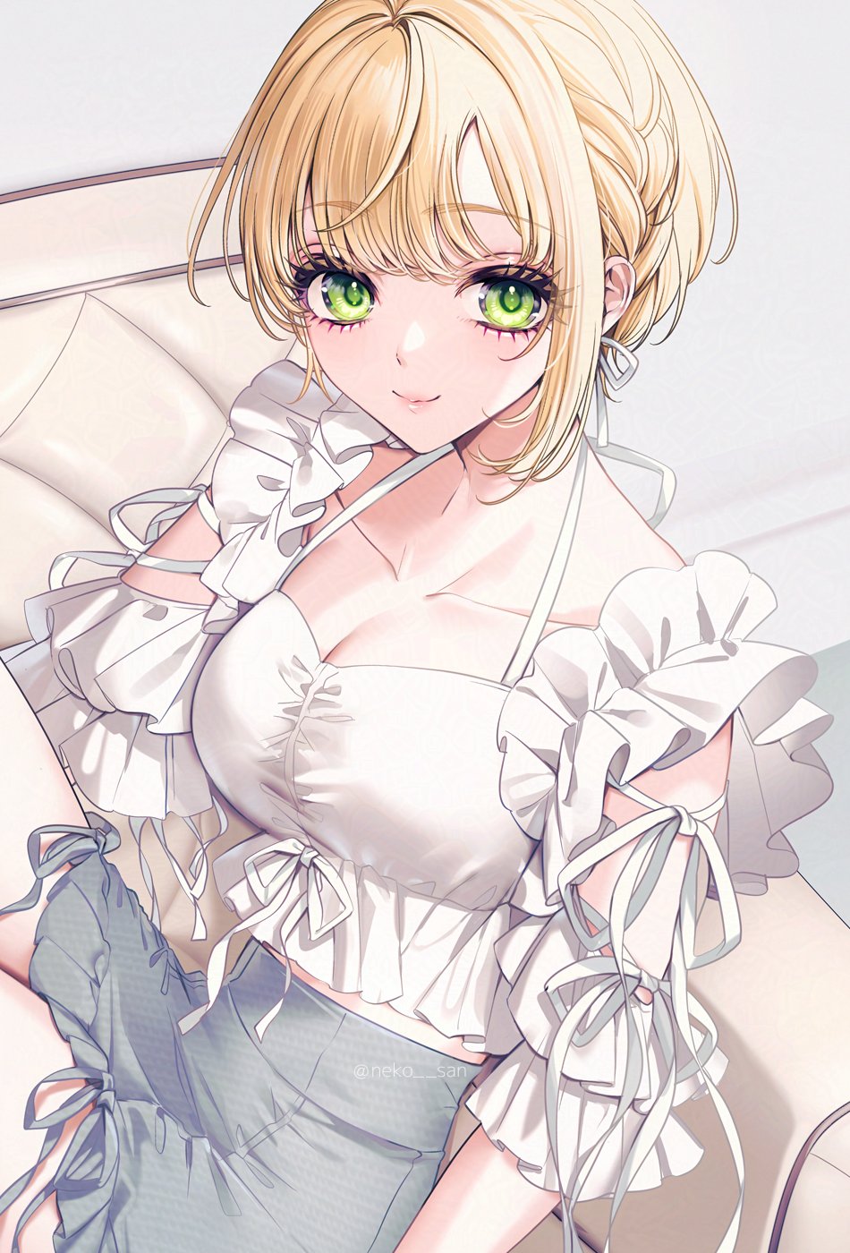 neko-san (dim.dream), miyamoto frederica, comiket 104, idolmaster, idolmaster cinderella girls, commentary request, highres, 1girl, blonde hair, blush, braid, breasts, cleavage, closed mouth, collarbone, green eyes, green skirt, indoors, looking at viewer, medium breasts, shirt, short hair, sitting, skirt, smile, solo, white shirt