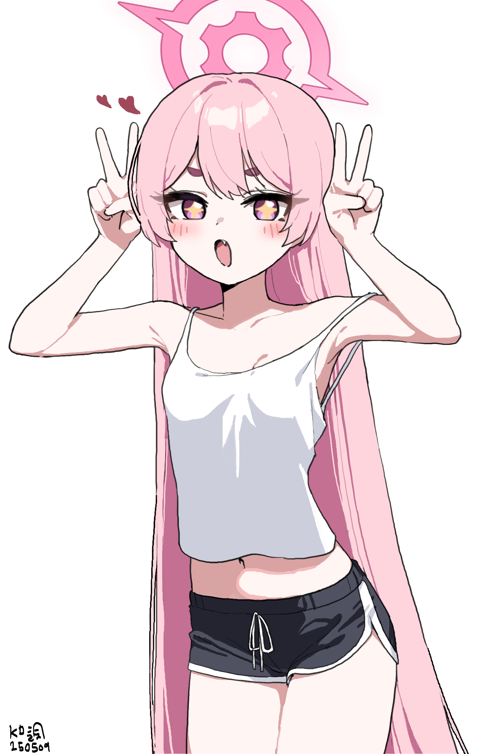 myeolchi, koyuki (blue archive), blue archive, absurdres, commentary request, highres, korean commentary, 1girl, alternate costume, black shoes, blush, cowboy shot, dolphin shorts, double v, hair down, halo, hands up, long hair, looking at viewer, open mouth, pink eyes, pink hair, pink halo, shoes, shorts, simple background, solo, standing, star-shaped pupils, star (symbol), symbol-shaped pupils, tank top, v, very long hair, white background, white tank top