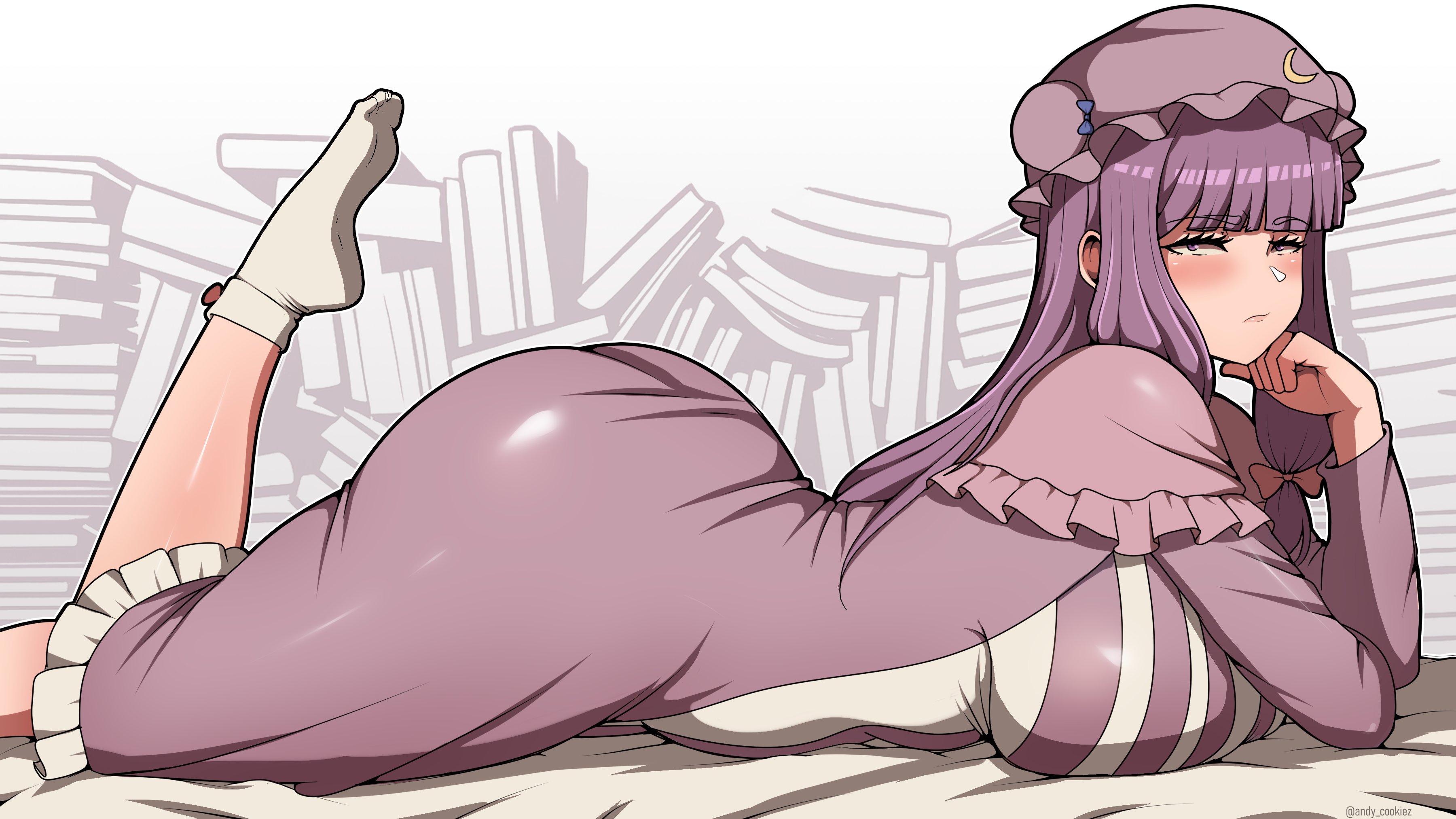 andycookiez, patchouli knowledge, touhou, absurdres, highres, 1girl, ass, blunt bangs, book, bow, breasts, crescent, crescent hat ornament, dress, hair bow, hat, hat ornament, huge ass, large breasts, long hair, looking at viewer, lying, mob cap, nightgown, plump, purple dress, purple eyes, purple hair, socks, solo, striped clothes, striped dress, white socks