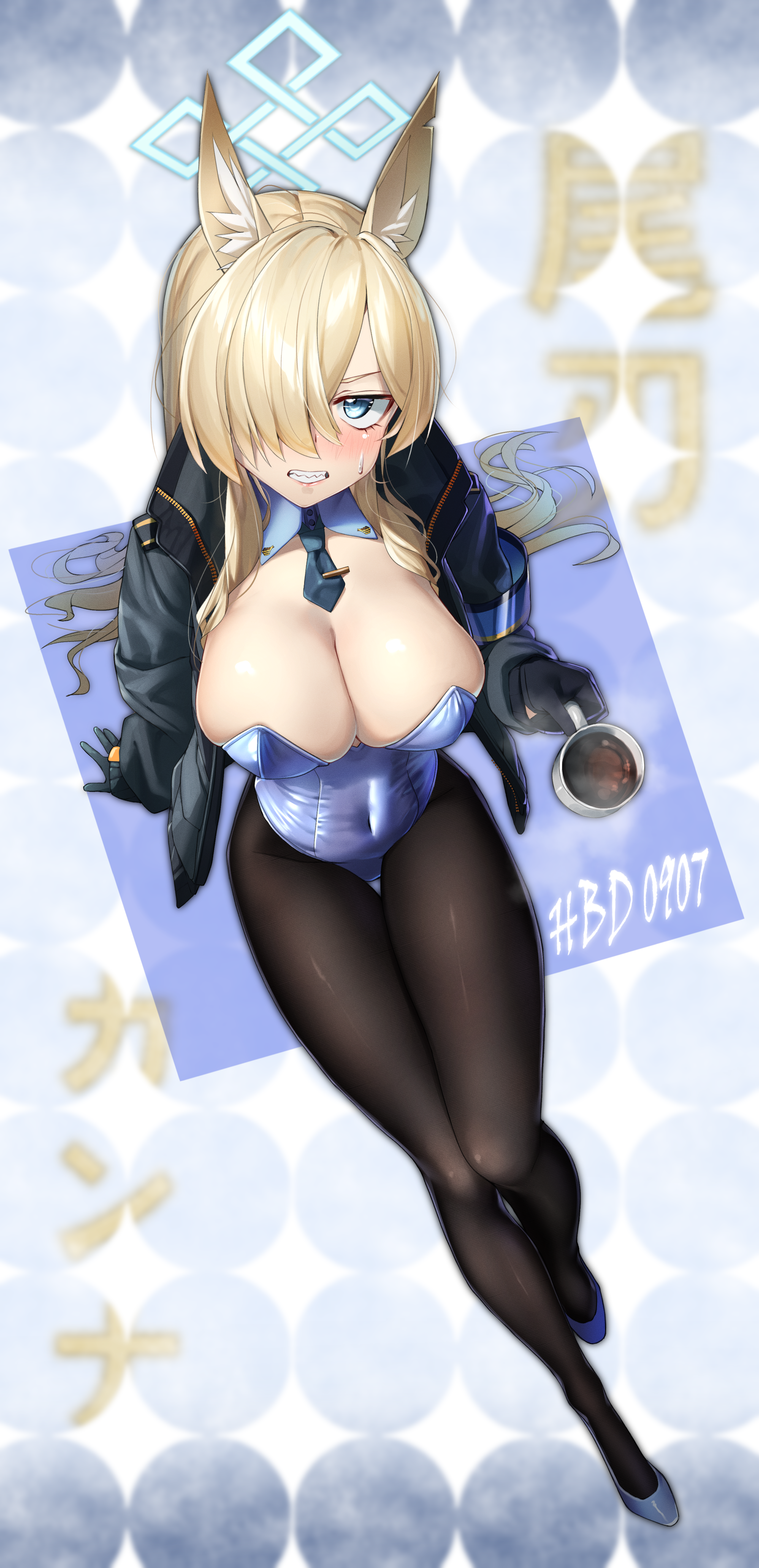 walking nakta, kanna (blue archive), blue archive, absurdres, commentary, highres, 1girl, alternate costume, animal ear fluff, animal ears, arm support, black gloves, black hiphighs, blonde hair, blue eyes, blue jacket, blue leotard, blue necktie, blush, breasts, character name, coffee, cup, dated, full body, gloves, hair over one eye, halo, happy birthday, invisible chair, jacket, large breasts, leotard, long hair, looking at viewer, mug, necktie, one eye covered, short necktie, sitting, solo, steam, straight hair, strapless, strapless leotard
