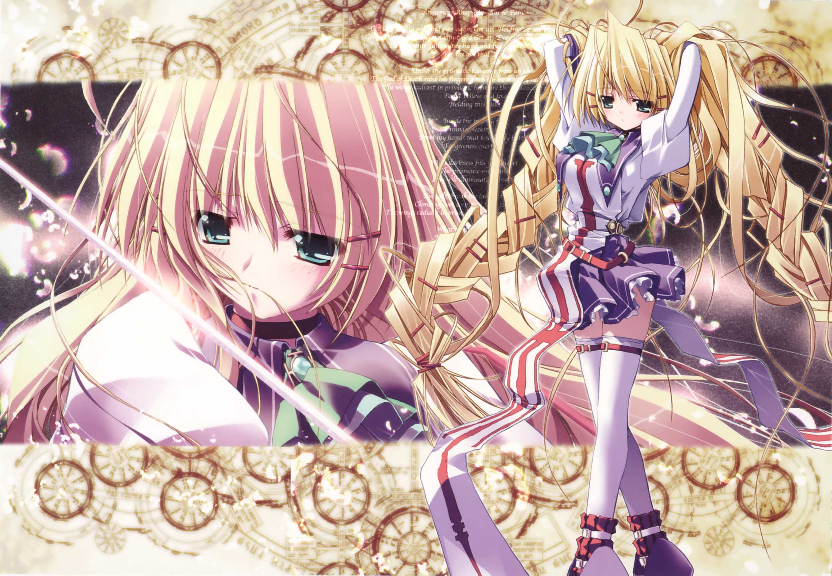 priecia, prism ark, highres, 00s, 1girl, blonde hair, blunt bangs, dress, full body, green eyes, long sleeves, purple dress, standing, thighhighs, upper body, white thighhighs, zettai ryouiki, zoom layer