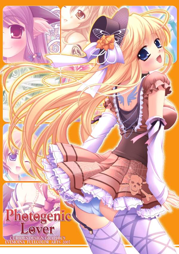 evemoina, blonde hair, blue eyes, detached sleeves, panties, tattoo, thighhighs, underwear