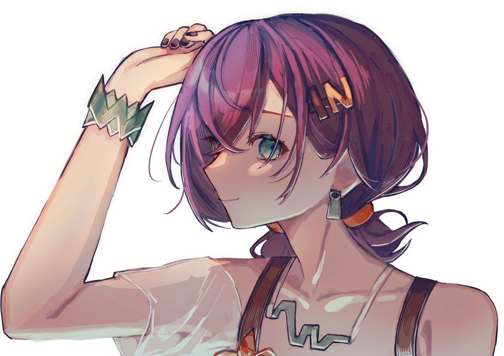 belle (summer skies) (zenless zone zero), belle (zenless zone zero), zenless zone zero, commentary, highres, 1girl, blue hair, collarbone, czc9q2, green eyes, hair ornament, letter hair ornament, off-shoulder shirt, off shoulder, official alternate costume, shirt, short hair, short twintails, simple background, smile, solo, twintails, upper body, white background, white shirt