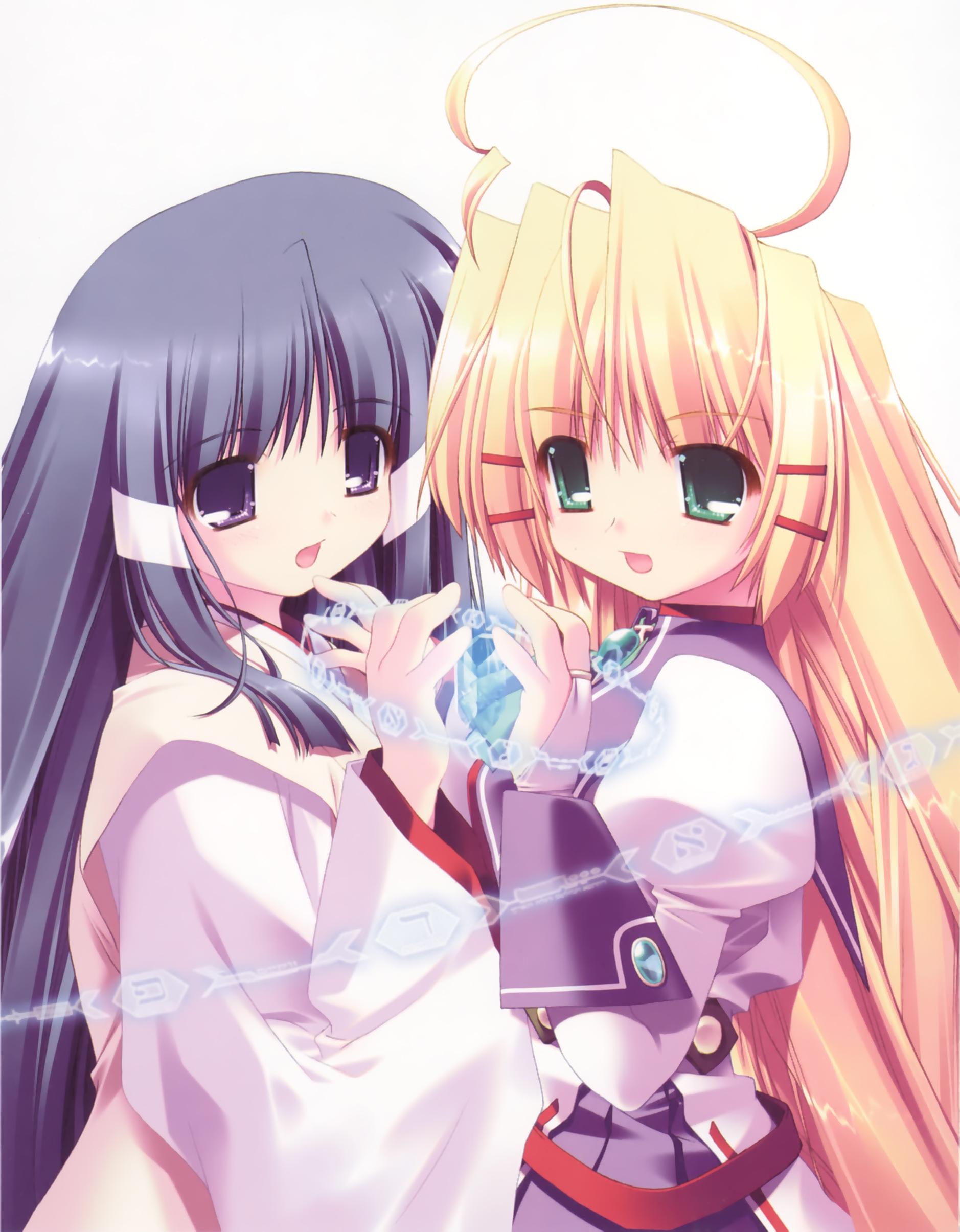 kagura (prism ark), priecia, prism ark, absurdres, highres, 00s, 2girls, ahoge, blonde hair, blouse, blue hair, braid, from side, glowing, long hair, multiple girls, pelvic curtain, school uniform, serafuku, shirt, simple background, twin braids, very long hair, white background, white shirt