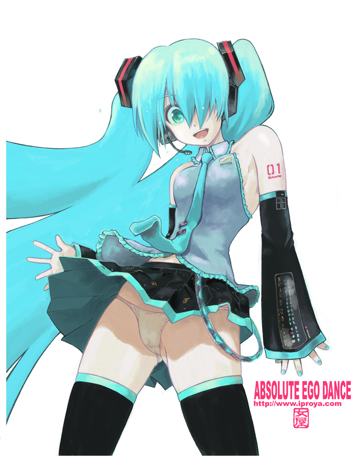 onaya masakazu, hatsune miku, vocaloid, 1girl, aqua eyes, aqua hair, aqua nails, detached sleeves, female focus, headset, long hair, nail polish, necktie, panties, pantyshot, skirt, solo, tattoo, thighhighs, twintails, underwear, upskirt, very long hair, white panties, wind, wind lift