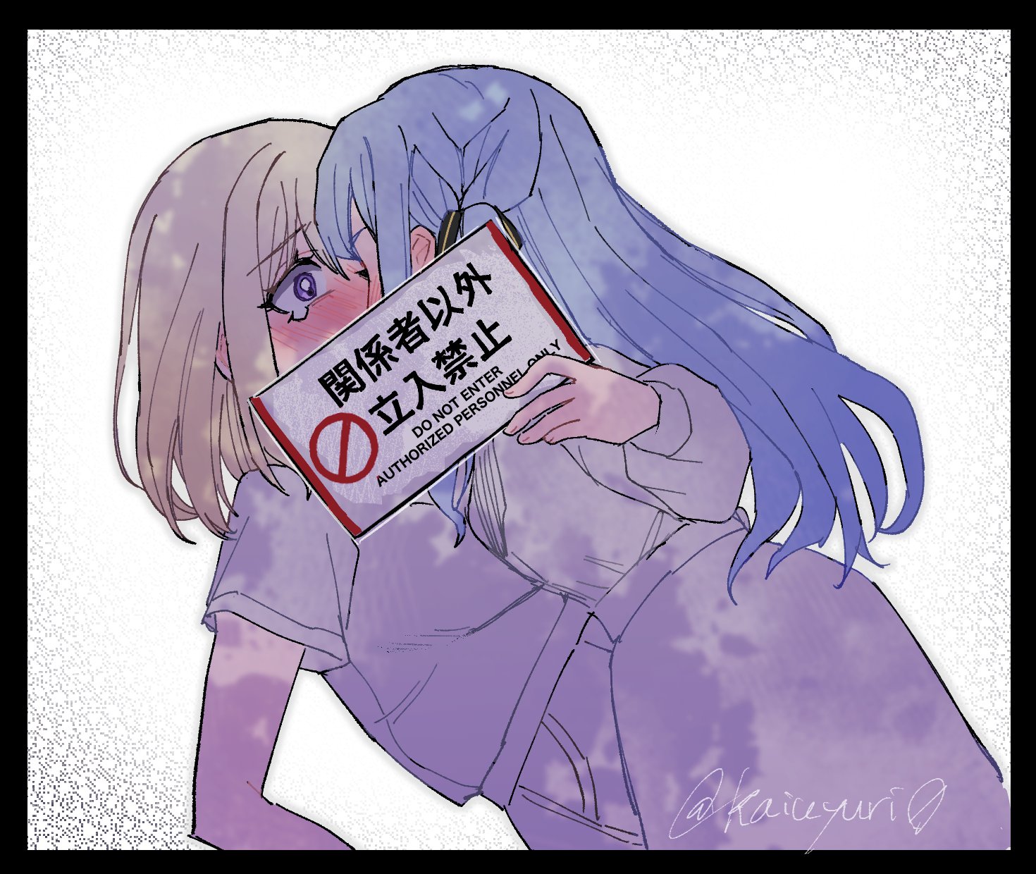 penguinbu, misumi uika, togawa sakiko, bang dream!, bang dream! it's mygo!!!!!, commentary, highres, 2girls, black border, black ribbon, blonde hair, blue hair, blush, border, hair ribbon, kiss, long hair, long sleeves, medium hair, multiple girls, purple eyes, ribbon, scene reference, shirt, short sleeves, sidelocks, tearing up, white shirt, yuri