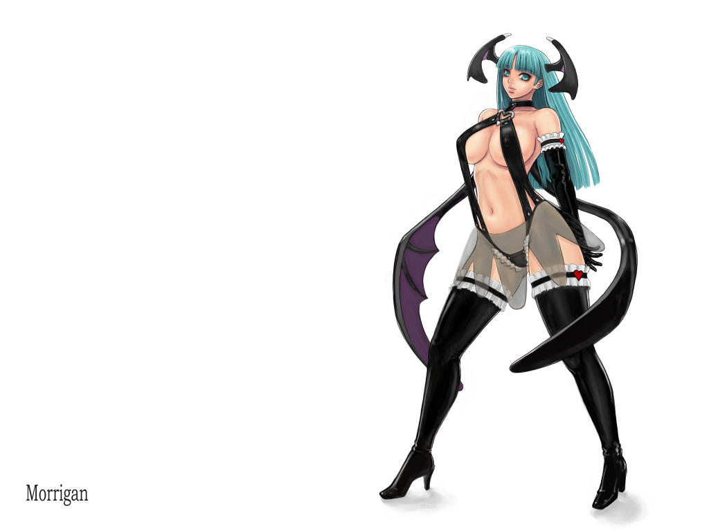 ark (morita hitomi), morrigan aensland, capcom, darkstalkers, 1girl, black boots, boots, character name, demon girl, female focus, full body, head wings, lingerie, simple background, solo, standing, thighhighs, underwear, white background, wings