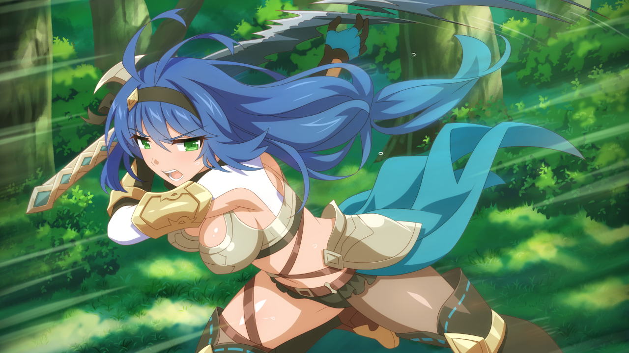 wanaca, game cg, official art, 1girl, angry, antenna hair, arcadia (legends of talia: arcadia), arm cuffs, belt, blue hair, bracer, crop top, dodging, forest, gloves, gradient hair, green eyes, half-skirt, holding, holding sword, holding weapon, kneehighs, knight, legends of talia: arcadia, multicolored hair, nature, ponytail, scarf, slashing, socks, sword, wavy hair, weapon