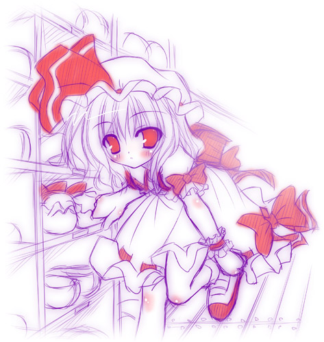 yamu (reverse noise), remilia scarlet, touhou, eyebrows, lowres, 1girl, blush, body blush, dress, female focus, hair between eyes, hat, hat ribbon, leg up, looking at viewer, mob cap, puffy short sleeves, puffy sleeves, red eyes, red ribbon, ribbon, ribbon trim, shoes, short sleeves, solo, standing, standing on one leg