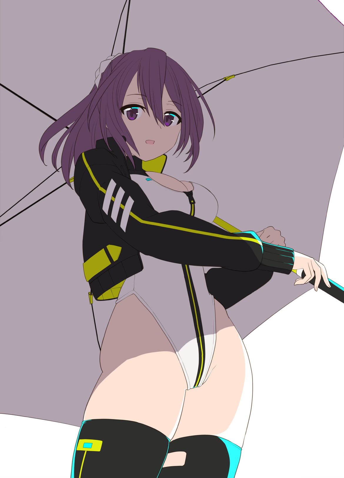 kanoe (gallery walhalla), nikotama mai, alice gear aegis, highres, 1girl, black jacket, black thighhighs, breasts, circle cutout, cleavage, cleavage cutout, clothing cutout, companion/af, covered collarbone, front zipper, full-length zipper, heattech leotard, highleg, highleg leotard, jacket, leotard, looking at viewer, medium breasts, multicolored leotard, ponytail, purple eyes, purple hair, race queen, solo, thighhighs, turtleneck, two-tone leotard, umbrella, white leotard, zipper, zipper leotard, zipper pull tab