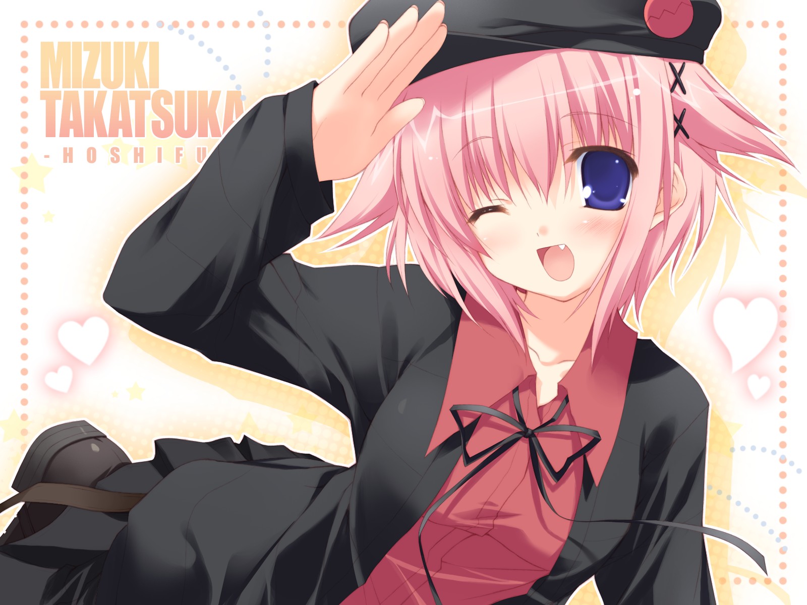 takatsuka mizuki, hoshiful, highres, 1girl, :d, blue eyes, fang, hat, one eye closed, open mouth, pink hair, smile, solo, wink