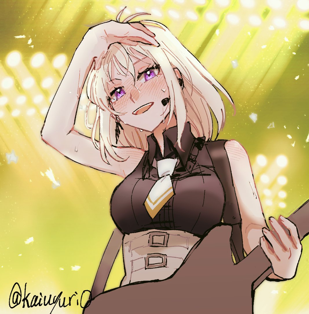 penguinbu, misumi uika, bang dream!, bang dream! it's mygo!!!!!, commentary, 1girl, black shirt, blonde hair, blush, breasts, collared shirt, corset, earrings, hair between eyes, jewelry, medium breasts, medium hair, microphone, open mouth, shirt, sleeveless, sleeveless shirt, solo, sweat, white corset