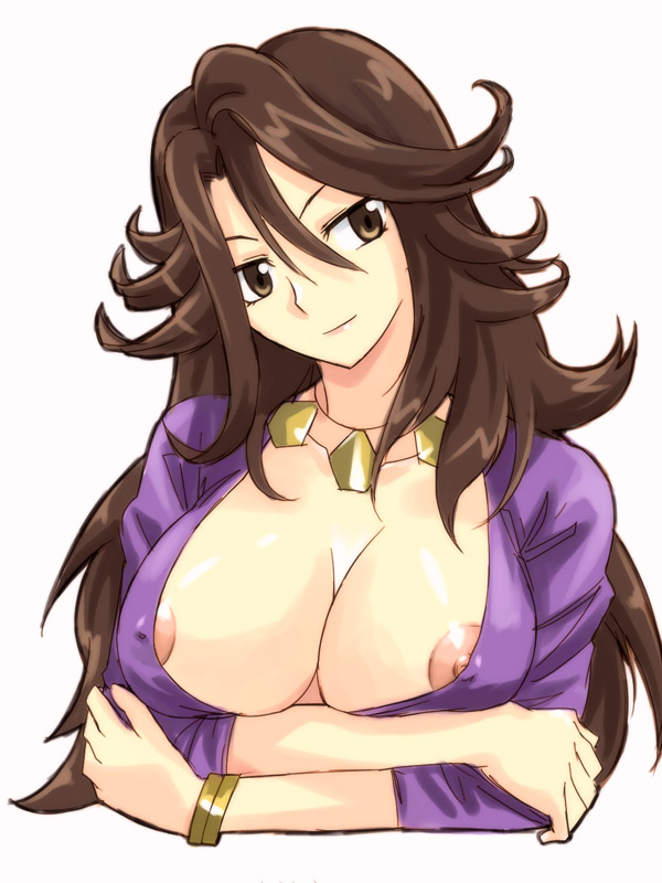 michael f91, sumeragi lee noriega, gundam, gundam 00, 00s, 1girl, areola slip, breasts, breasts squeezed together, brown eyes, brown hair, cleavage, covered erect nipples, female focus, lipstick, long hair, makeup, nipple holes, nipple slip, nipples, simple background, solo