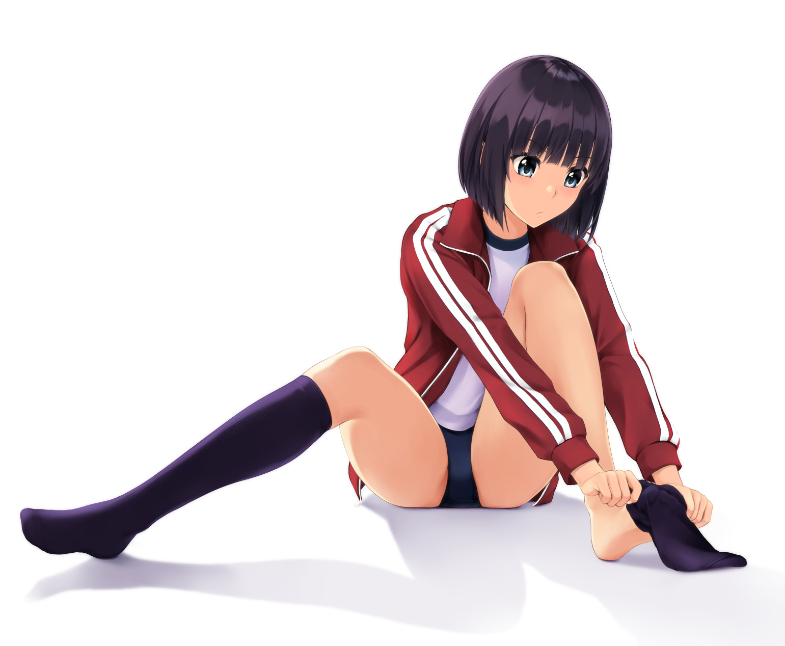 nonaka ritsu, original, commentary request, highres, 1girl, black hair, black socks, blue buruma, blue eyes, buruma, closed mouth, dressing, full body, gym shirt, gym uniform, jacket, kamikawa mayuko (nonaka ritsu), knees up, long sleeves, looking down, looking to the side, no shoes, open clothes, open jacket, puffy long sleeves, puffy sleeves, red jacket, shadow, shirt, short hair, sitting, socks, soles, solo, track jacket, white background, white shirt
