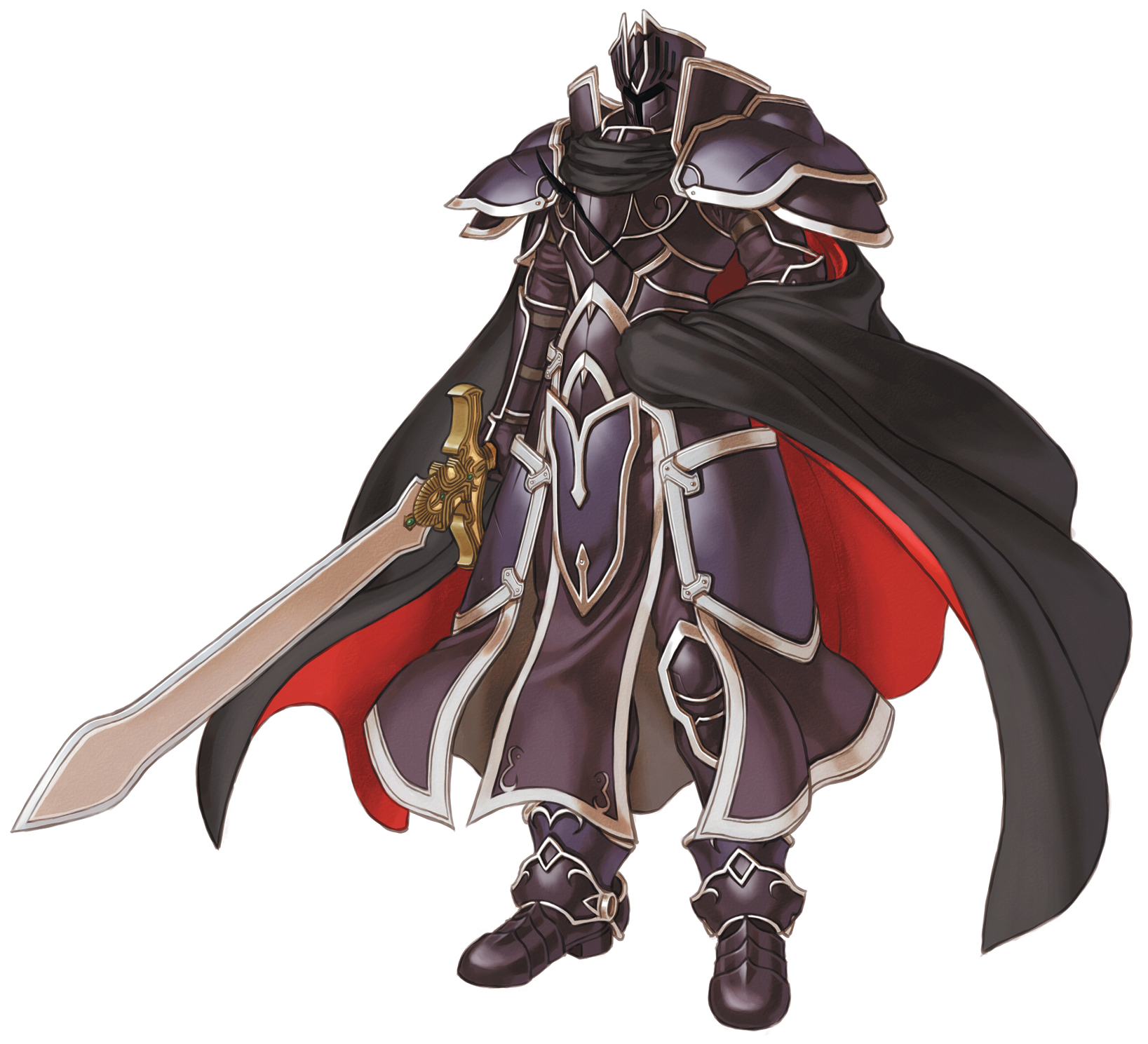 kita senri, black knight (fire emblem), fire emblem, fire emblem: path of radiance, fire emblem: radiant dawn, nintendo, highres, official art, 1boy, armor, armored boots, boots, cape, damaged, full armor, full body, helmet, knight, male focus, pauldrons, shoulder armor, simple background, solo, standing, sword, weapon, white background