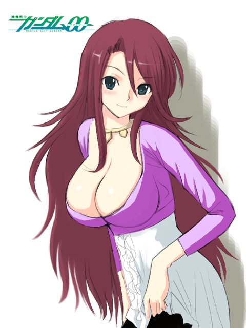 niwatori kokezou, sumeragi lee noriega, gundam, gundam 00, 00s, 1girl, breasts, cleavage, copyright name, cowboy shot, female focus, huge breasts, long hair, looking at viewer, sketch, solo, very long hair