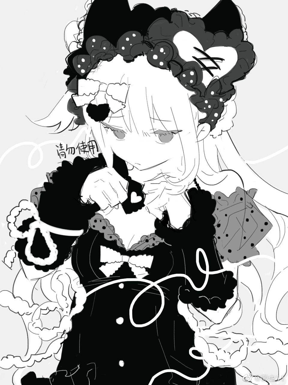 original, highres, 1girl, animal ears, animal hat, bare shoulders, black dress, bow, breasts, cat ears, cleavage, cleavage cutout, clothing cutout, dress, fake animal ears, frills, grey background, greyscale, hair between eyes, hair bow, hair ornament, hands up, hat, heart, heart hair ornament, lanye11, long hair, monochrome, puffy short sleeves, puffy sleeves, short sleeves, simple background, sketch, solo, wavy hair, white hair