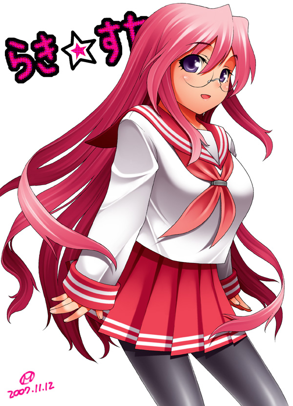 mitsuba minoru, takara miyuki, lucky star, 00s, 1girl, breasts, female focus, glasses, pantyhose, pink hair, school uniform, serafuku, solo
