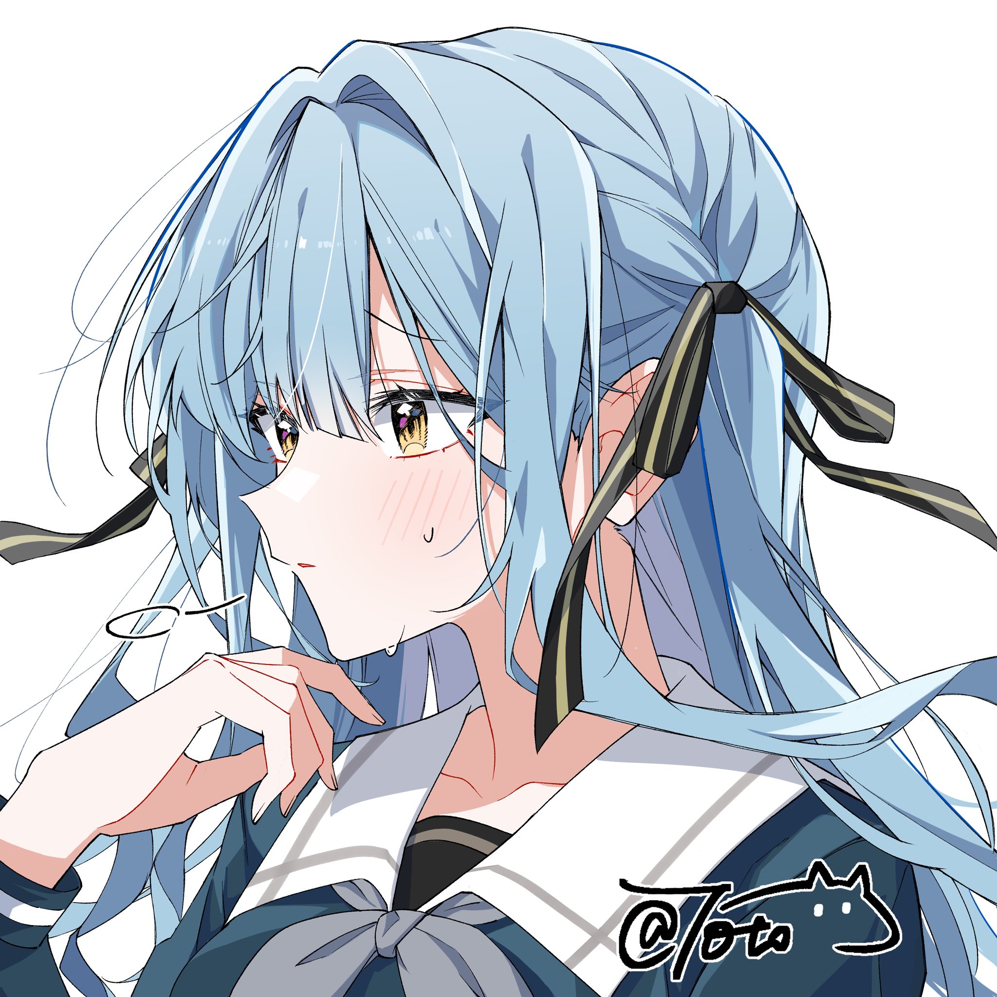 hanchan540, togawa sakiko, bang dream!, bang dream! it's mygo!!!!!, commentary, highres, 1girl, black ribbon, blue hair, blue shirt, blush, grey neckerchief, hair intakes, hair ornament, long hair, long sleeves, neckerchief, parted lips, portrait, ribbon, school uniform, shirt, sidelocks, simple background, sweat, tsukinomori school uniform, white background, yellow eyes