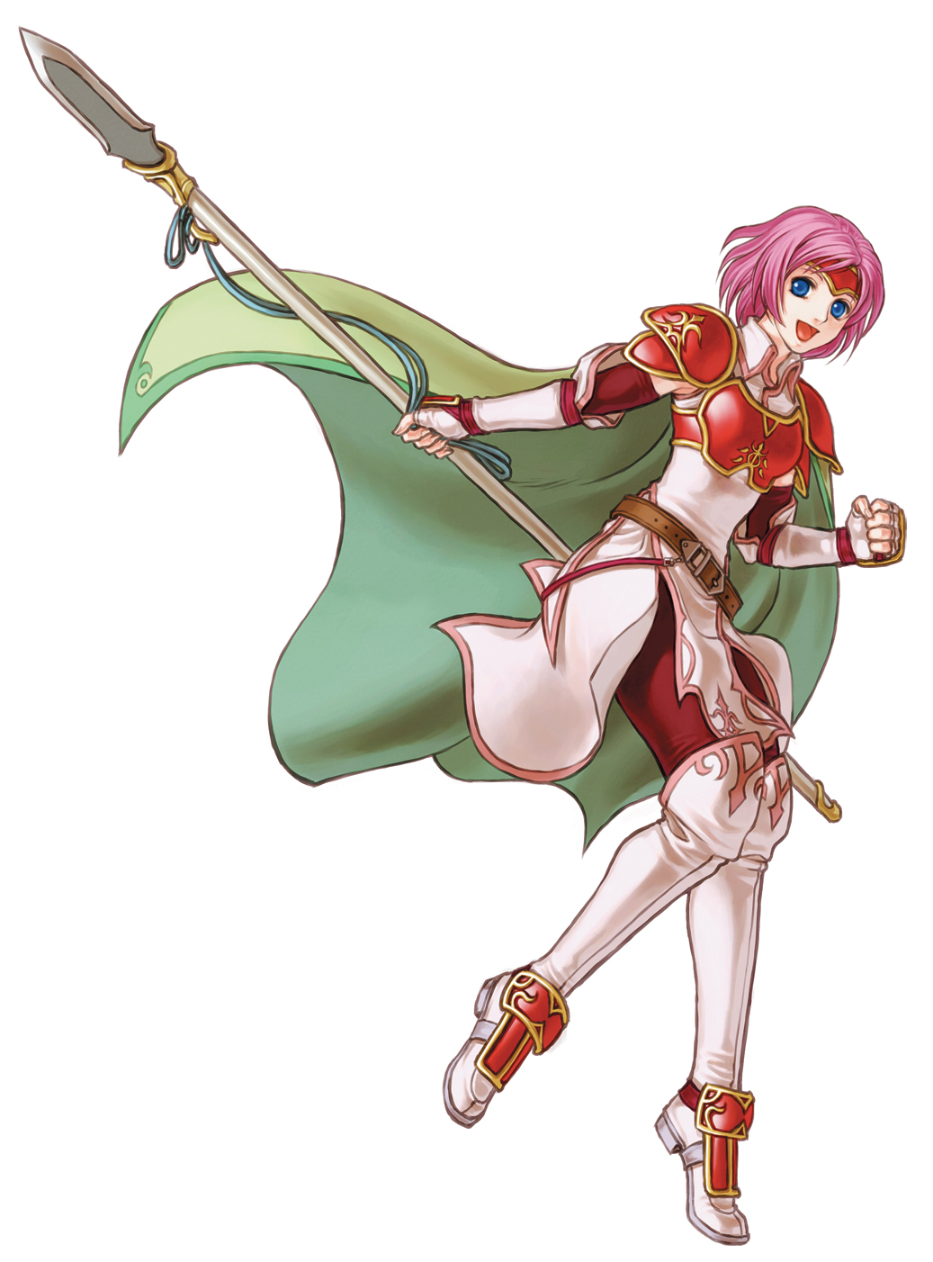 kita senri, marcia (fire emblem), fire emblem, fire emblem: path of radiance, fire emblem: radiant dawn, nintendo, pegasus knight uniform (fire emblem), highres, official art, 1girl, armor, blue eyes, boots, cape, female focus, pink hair, polearm, short hair, simple background, solo, spear, thigh boots, thighhighs, weapon, white background