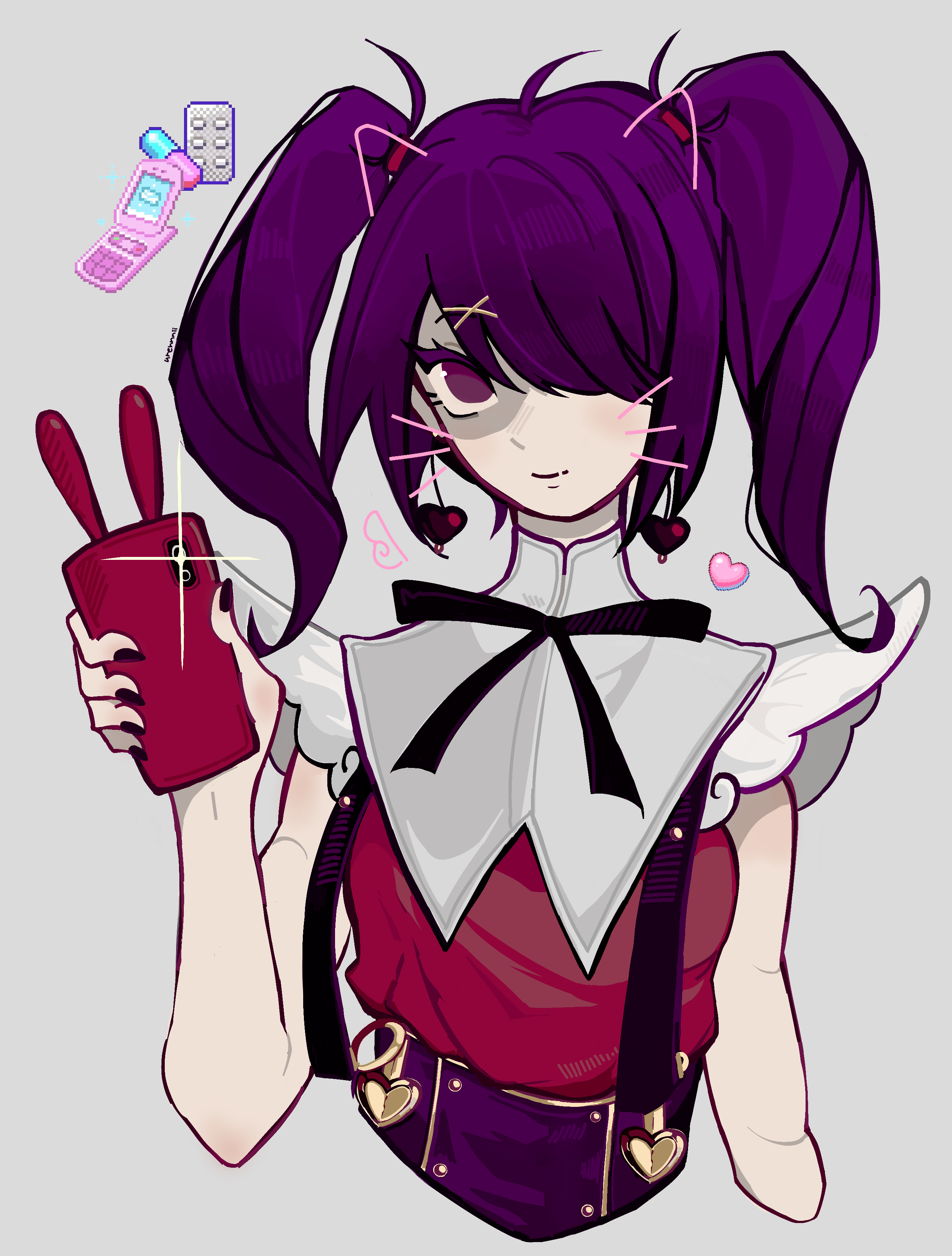 ame-chan (needy girl overdose), needy girl overdose, absurdres, highres, animal ears, black bow, black bowtie, bow, bowtie, camera flash, cat ears, earrings, heart, heart earrings, jewelry, pale skin, phone, purple hair, red scrunchie, red shirt, scrunchie, selfie, shirt, suspenders, urennnii, whiskers