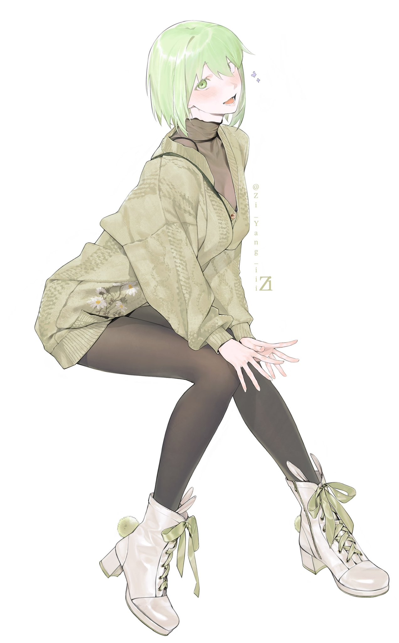 cheng (zi74438982), original, commentary, highres, 1girl, artist name, black pantyhose, boots, full body, green eyes, green hair, green sweater, high heel boots, high heels, invisible chair, lace-up boots, looking at viewer, lower teeth only, open mouth, pantyhose, pom pom (clothes), short hair, simple background, sitting, smile, solo, sweater, teeth, twitter username, white background, white boots