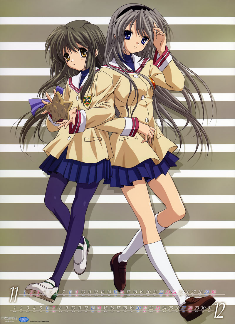 ibuki fuuko, sakagami tomoyo, clannad, official art, 00s, 2girls, calendar, long hair, low-tied long hair, multiple girls, pantyhose