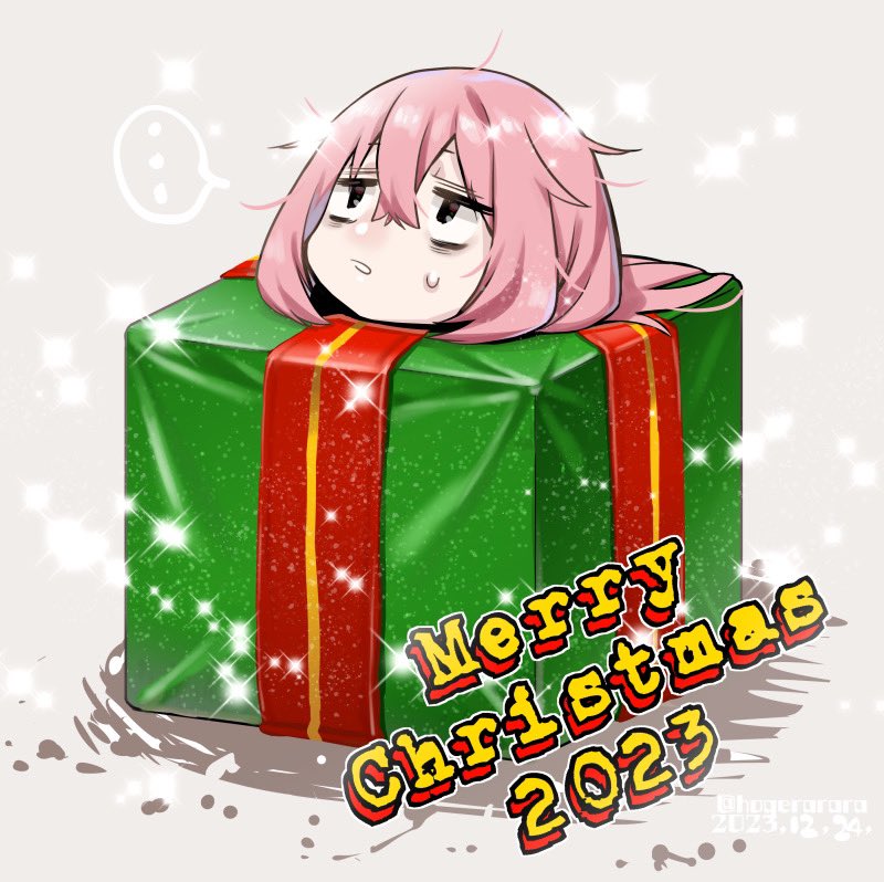hogerarara, michinoku komaro, seitokai ni mo ana wa aru!, commentary request, …, 1girl, 2023, artist name, bags under eyes, dated, gift, hair between eyes, long hair, merry christmas, parted lips, pink hair, red ribbon, ribbon, solo, sparkle, spoken ellipsis, sweat, twitter username