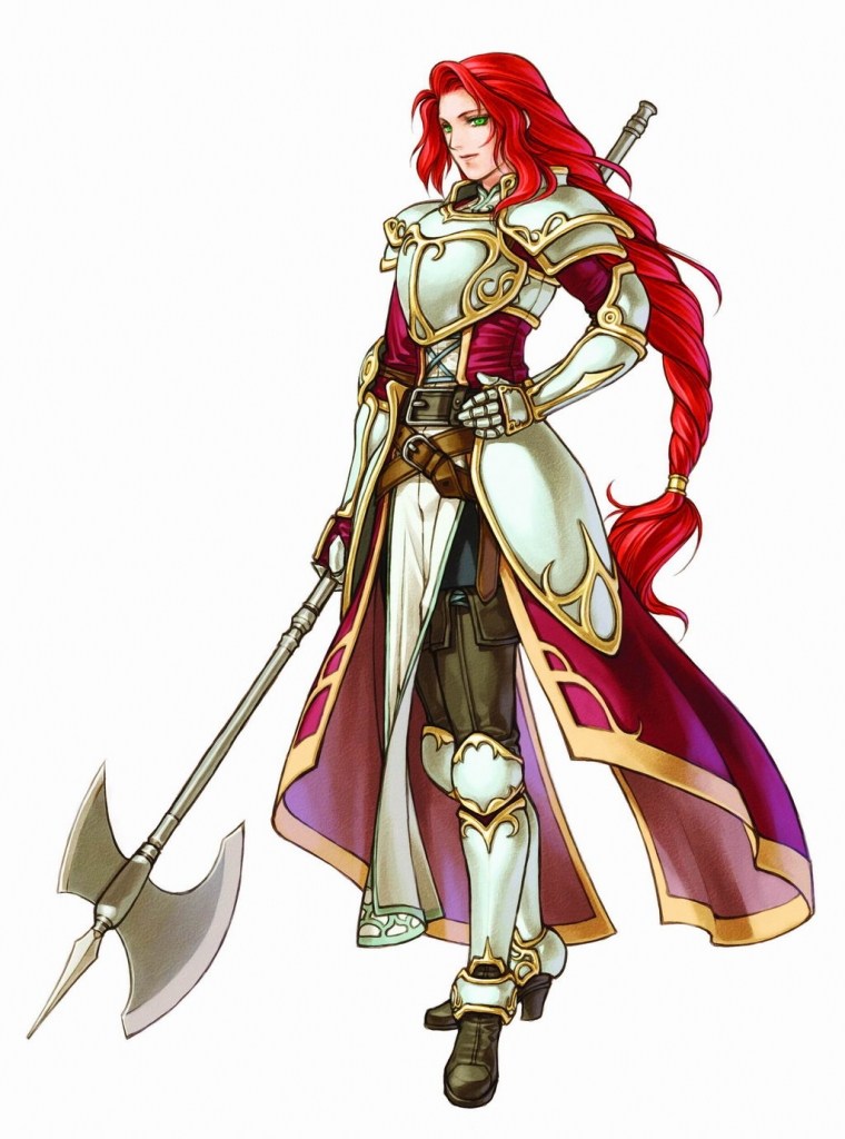 kita senri, tiamat (fire emblem), fire emblem, fire emblem: souen no kiseki, official art, armor, axe, braid, green eyes, halberd, long hair, polearm, red hair, single braid, warrior, weapon