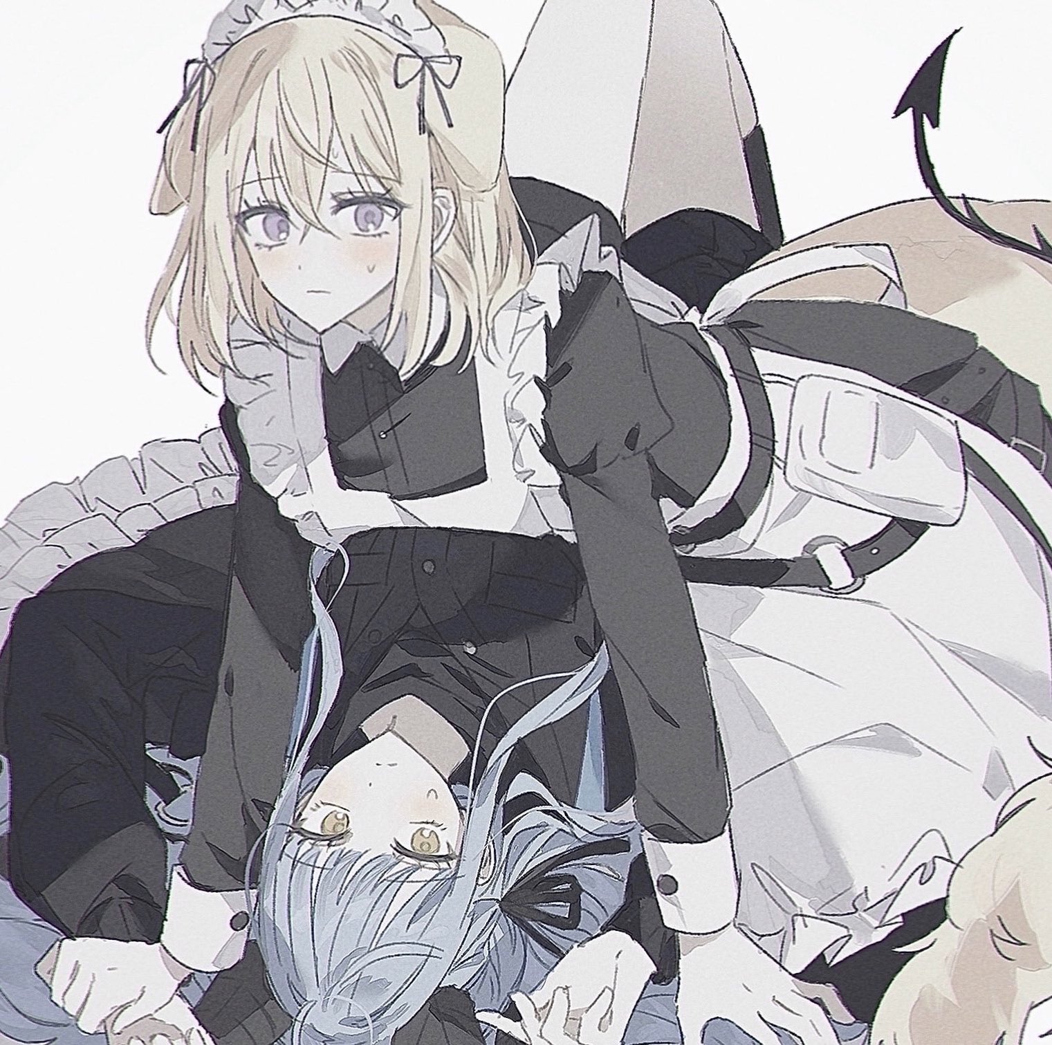 uis410, misumi uika, togawa sakiko, arknights, bang dream!, bang dream! it's mygo!!!!!, highres, 2girls, animal ears, black dress, black shorts, blonde hair, blue hair, dog ears, dog girl, dog tail, dress, hair ribbon, horns, long hair, long sleeves, maid, maid headdress, medium hair, misumi uika (caged singer), multiple girls, purple eyes, ribbon, shorts, sidelocks, simple background, tail, togawa sakiko (master of melodia), white background, yukadon, yuri