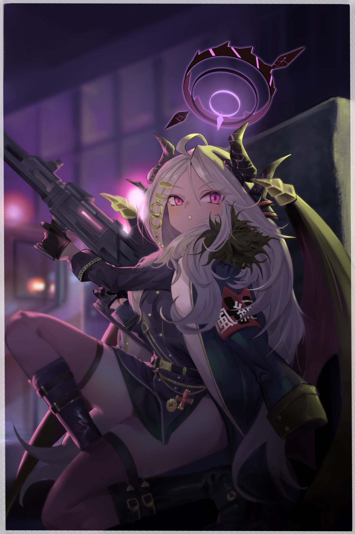 keji133, hina (blue archive), blue archive, highres, 1girl, ahoge, black halo, black skirt, demon girl, demon horns, demon wings, gun, halo, holding, holding gun, holding weapon, horns, indoors, long hair, machine gun, mg42, night, purple eyes, sitting, skirt, solo, thighs, very long hair, weapon, white hair, wings