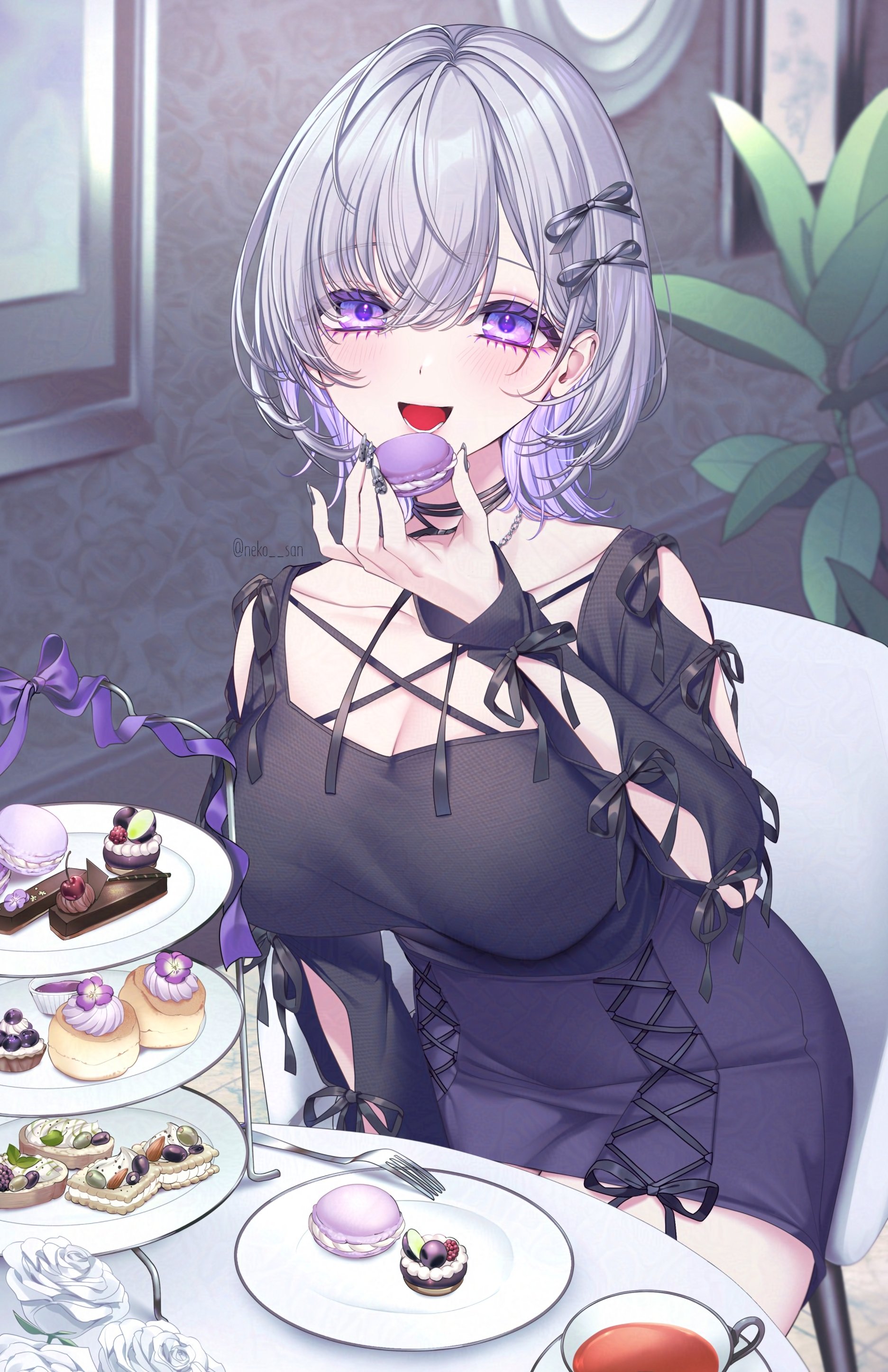 neko-san (dim.dream), monami (neko-san (dim.dream)), original, absurdres, highres, 1girl, black dress, black nails, black ribbon, blue flower, blue rose, blush, breasts, chair, choker, cleavage, collarbone, colored inner hair, cup, cupcake, dress, flower, food, grey hair, hair between eyes, hair ornament, hair ribbon, holding, holding food, indoors, jewelry, large breasts, long sleeves, looking at viewer, macaron, multicolored hair, nail polish, necklace, on chair, open mouth, purple eyes, purple hair, ribbon, rose, short hair, sitting, solo, teacup, tiered tray
