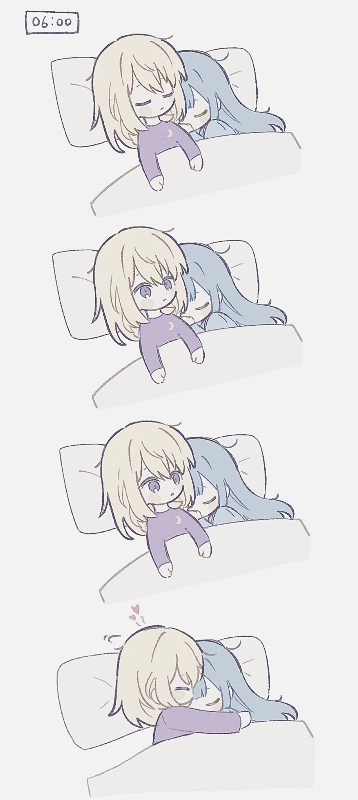 uis410, misumi uika, togawa sakiko, bang dream!, bang dream! it's mygo!!!!!, absurdres, commentary, highres, 2girls, blonde hair, blue hair, closed eyes, closed mouth, hug, long hair, multiple girls, pajamas, purple eyes, purple shirt, shirt, sleeping, yuri