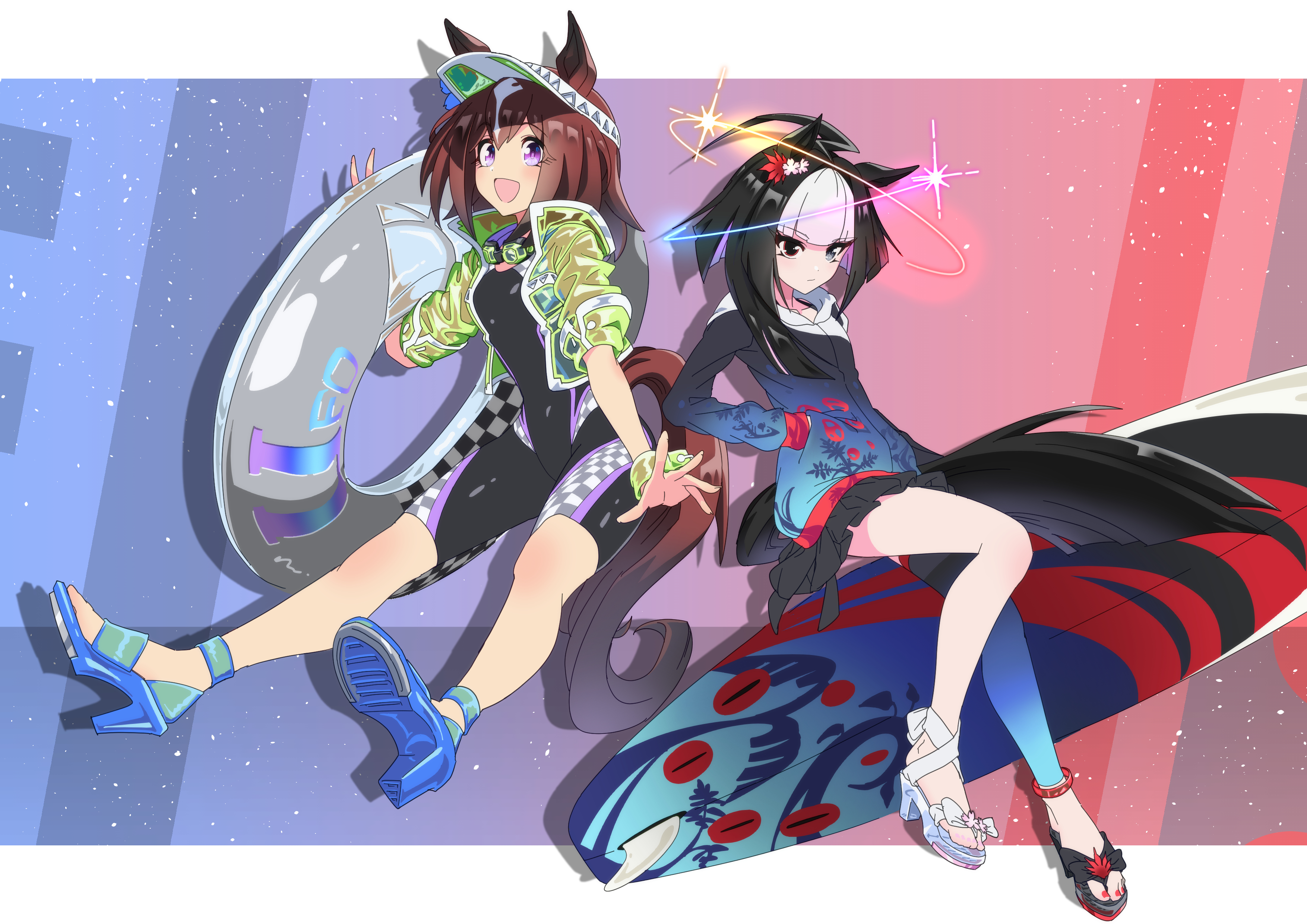 kuman bachi, do deuce (racehorse), original, umamusume, absurdres, highres, 2girls, ahoge, animal ears, anklet, asymmetrical footwear, black hair, black shirt, bracelet, brown hair, equinox (racehorse), goggles, goggles around neck, heterochromia, high heels, hood, hoodie, horse ears, horse girl, horse tail, innertube, jacket, jewelry, kneehighs, mismatched footwear, multicolored hair, multiple girls, one-piece swimsuit, purple eyes, see-through clothes, see-through jacket, shirt, short hair, single kneehigh, single sock, socks, surfboard, swim ring, swimsuit, tail, two-tone hair, visor cap