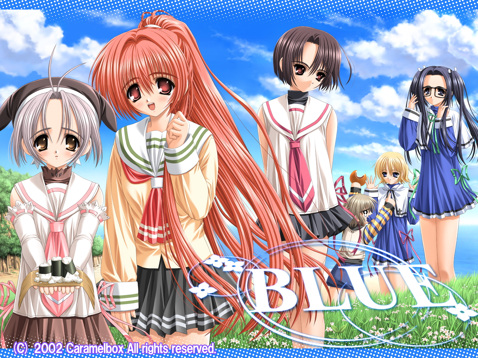 norita, asanagi suzuko, hazuki miria, hinata nazuna, kawarazaki haru, kirishima mizuho, yanagi yukino, blue (caramel box), striped, highres, official art, official wallpaper, 6+girls, :d, :t, age difference, animal hat, antenna hair, arms behind back, arms up, beach, black-framed eyewear, black hair, blonde hair, blue eyes, blush, breasts, brown eyes, capelet, clenched hand, cloud, company name, copyright name, dated, day, denim, denim skirt, detached sleeves, dress, everyone, flower, food, food bite, giving, glasses, grass, grey hair, hair over shoulder, hair tie, halftone, hands up, hat, high ponytail, holding, lace, letterboxed, logo, long hair, looking at another, looking at viewer, looking down, miniskirt, multiple girls, neckerchief, necktie, o o, ocean, onigiri, open mouth, outdoors, parted bangs, pink eyes, pleated skirt, pointing, ponytail, red eyes, red hair, ribbon, ribbon trim, sad, school uniform, serafuku, shirt, short hair, shy, sidelocks, skirt, sky, sleeve cuffs, sleeveless, sleeveless shirt, sleeveless turtleneck, sleeves past wrists, small breasts, smile, tears, tree, turtleneck, twintails, two side up, very long hair, water