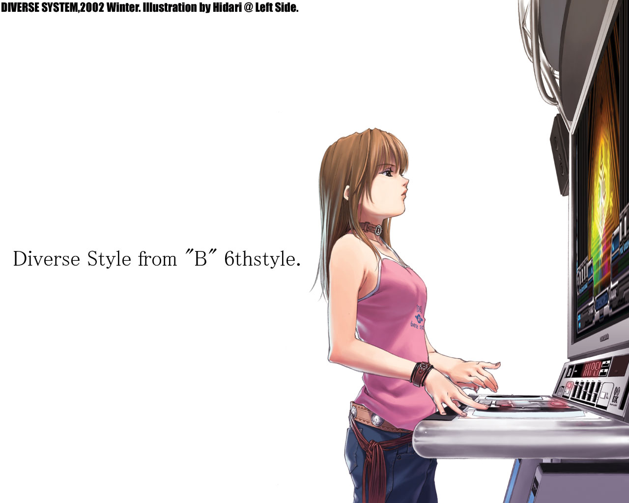 hidari (left side), beatmania iidx, beatmania iidx 6th style, bemani, 1girl, arcade, arcade cabinet, belt, blonde hair, bracelet, brown hair, choker, cowboy shot, denim, female focus, hyper boundary gate, jeans, jewelry, pants, phonograph, playing games, solo, speaker, tank top, turntable, video game, white background