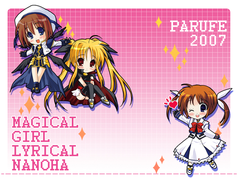 fate testarossa, takamachi nanoha, yagami hayate, lyrical nanoha, mahou shoujo lyrical nanoha, mahou shoujo lyrical nanoha a's, 00s, 2007, 3girls, arm belt, belt, blonde hair, blue eyes, bow, cape, chibi, copyright name, diamond (shape), fingerless gloves, gloves, hat, heart, jacket, magical girl, multiple girls, one eye closed, open clothes, open jacket, purple eyes, red bow, red eyes, red hair, thighhighs, twintails, waist cape, wings