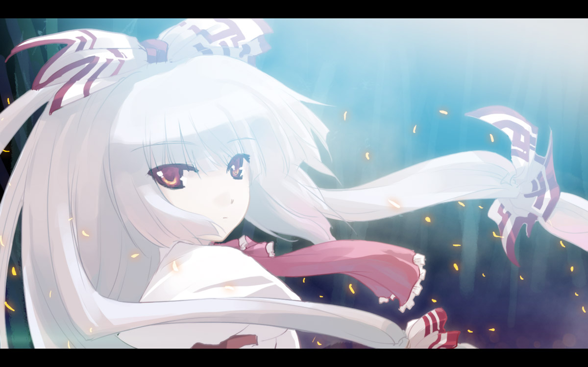 tokiame, fujiwara no mokou, touhou, silver hair, 1girl, bow, closed mouth, expressionless, female focus, floating hair, hair bow, letterboxed, long hair, looking at viewer, multiple hair bows, red eyes, sidelocks, solo, upper body, very long hair, white bow, wind