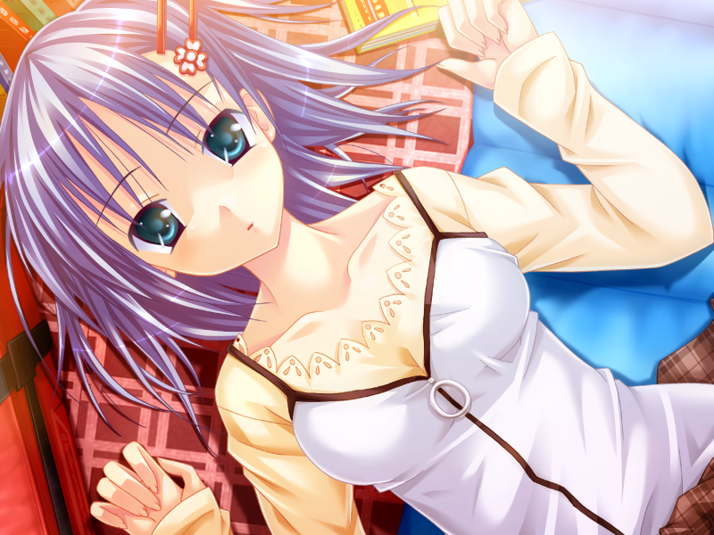 yukari, kirizaki yukari, zettai imouto shijou shugi, game cg, 1girl, aqua eyes, blue hair, collarbone, dress, dutch angle, female focus, hair ornament, hairclip, hairpin, looking at viewer, lying, on back, parted lips, short hair, solo